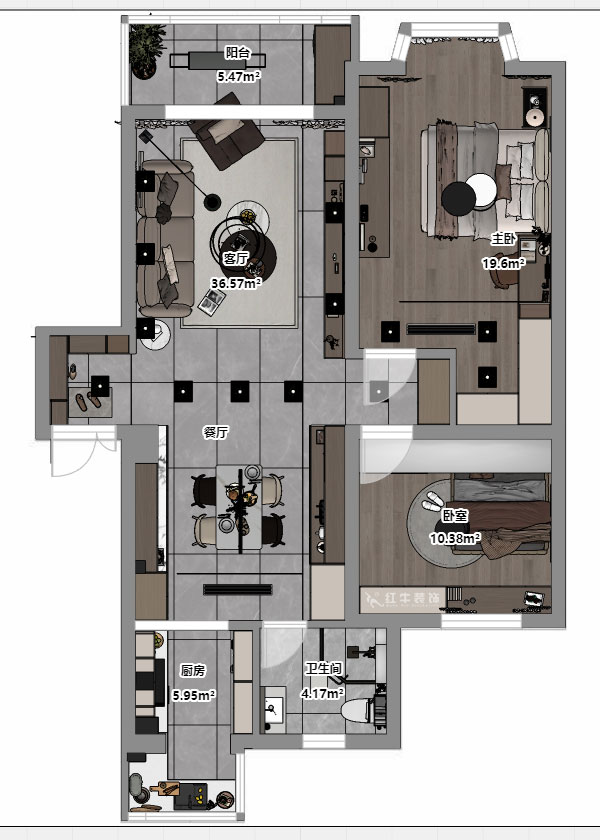 蒋琛｜香榭里8-2-902-100㎡-现代简约风格｜2室2厅1卫｜老房装修｜定制家｜全包14万｜00_03平面彩图
